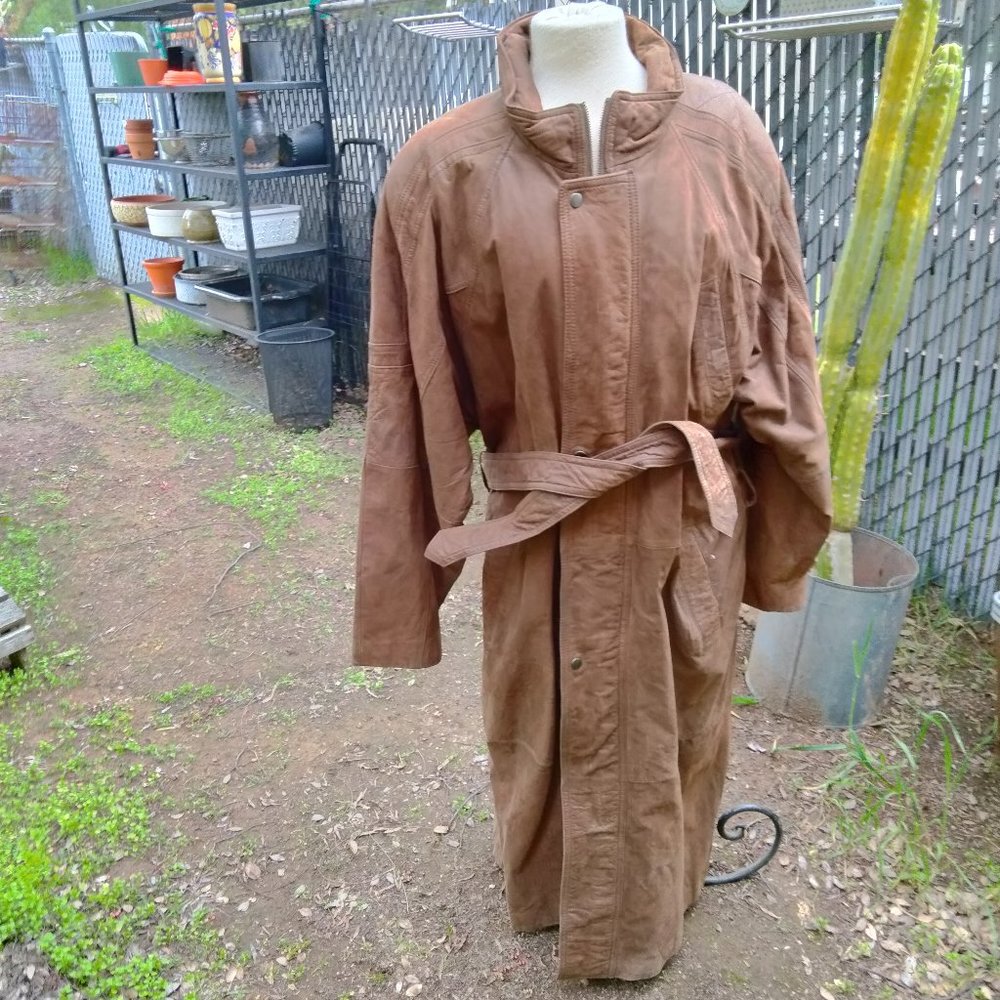 1991 IOU LEATHER COAT DUSTER Full Length with Belt Shoulder Pads Large